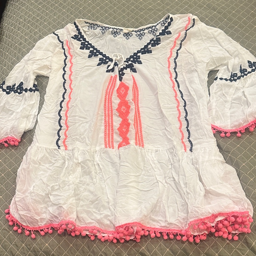 Surf Gypsy White with Pink and Navy Embroidery Swim Coverup